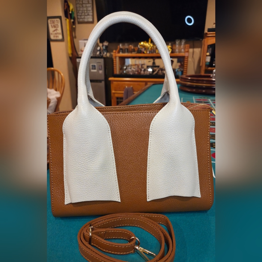 Vera Pelle Brown and White Leather Shoulder Bag